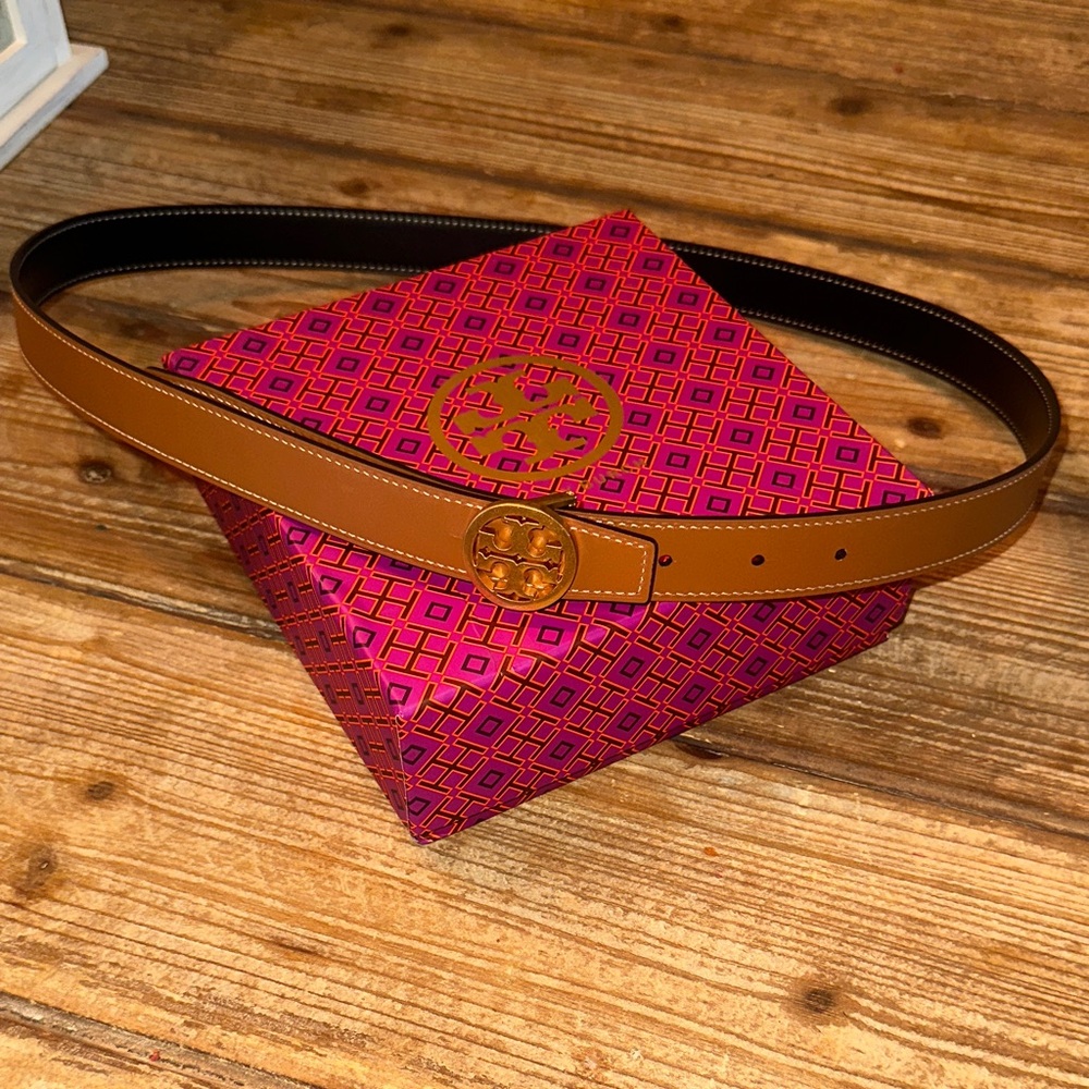 Tory Burch Tan Leather Belt with Logo Buckle